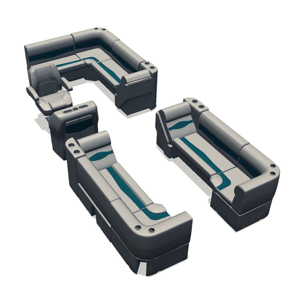 Stern entry pontoon seat package with lean back bow double bench and corner seats #color_ivory & teal