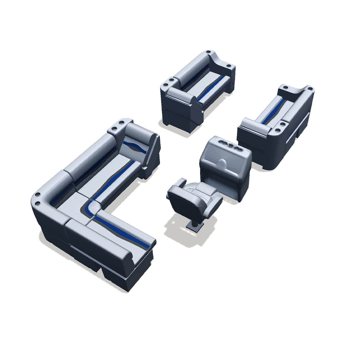 Stern entry pontoon seat package with cupholder bow double bench and lean back seats back #color_gray, blue & charcoal