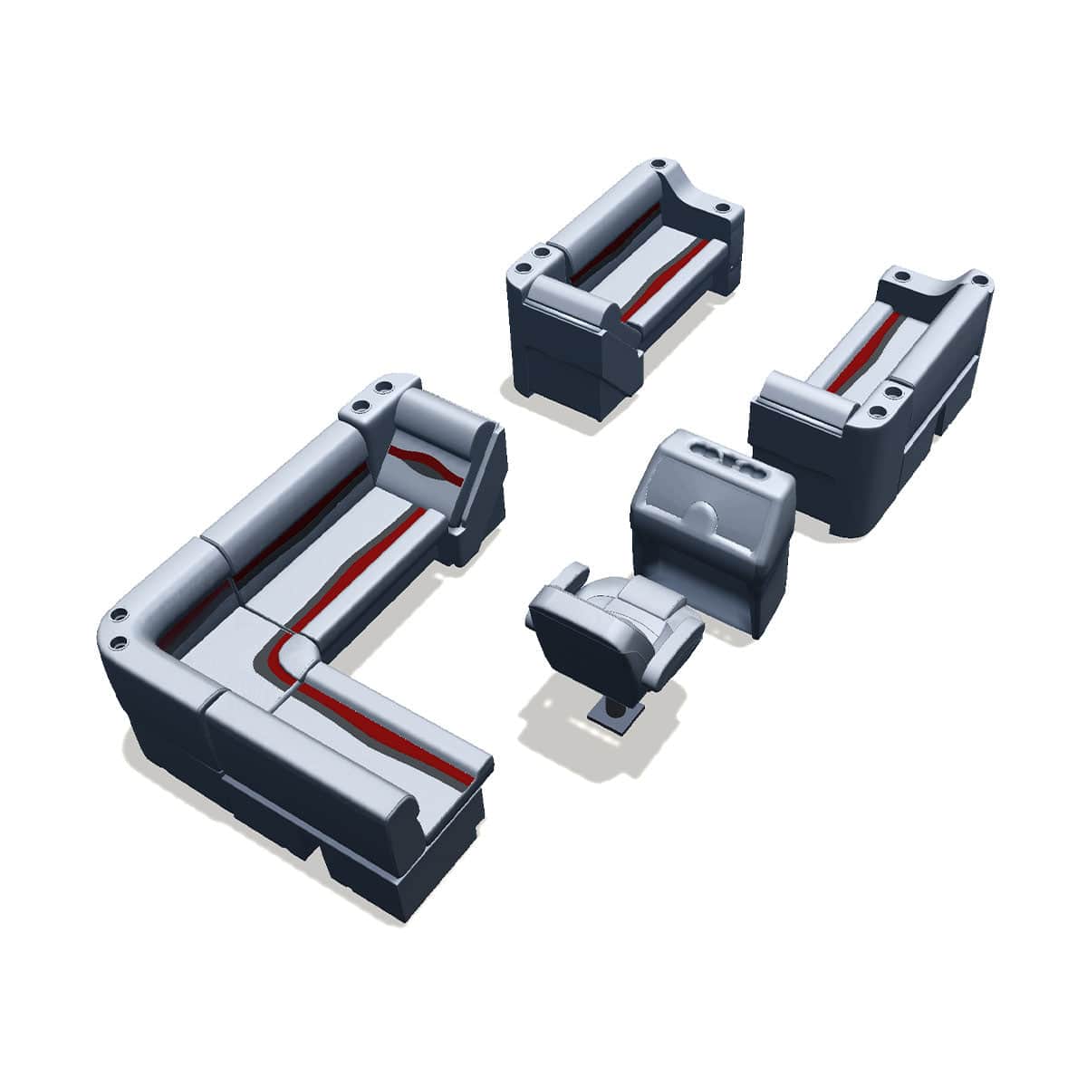 Stern entry pontoon seat package with cupholder bow double bench and lean back seats back #color_gray, red & charcoal