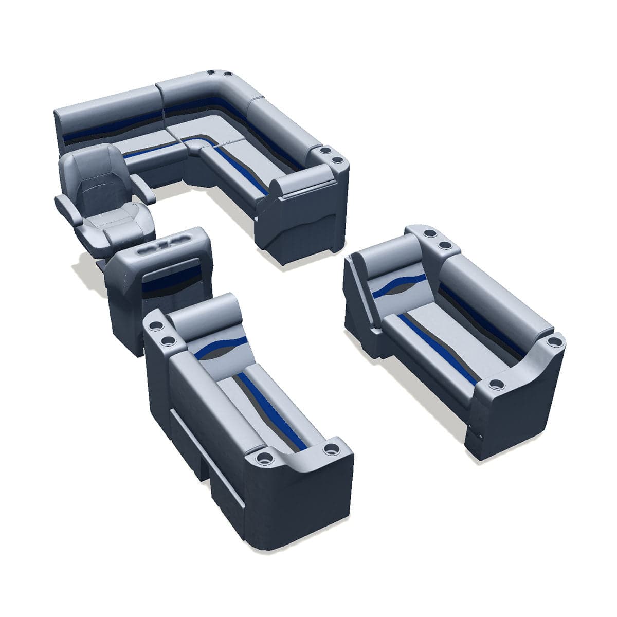 Stern entry pontoon seat package with cupholder bow double bench and lean back seats #color_gray, blue & charcoal