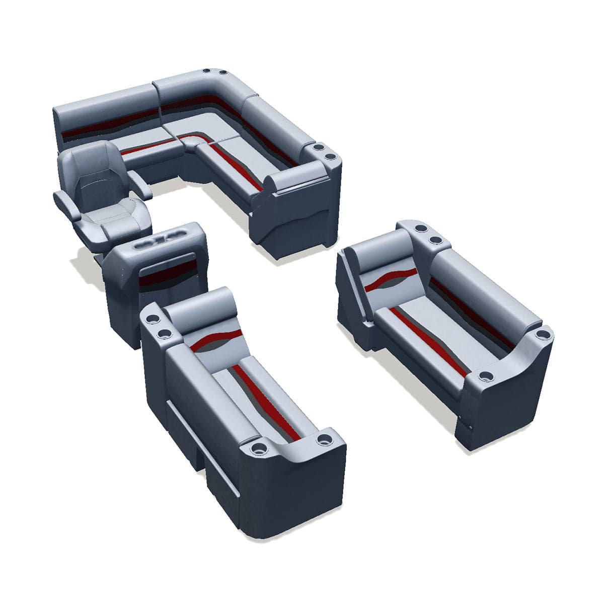 Stern entry pontoon seat package with cupholder bow double bench and lean back seats #color_gray, red & charcoal