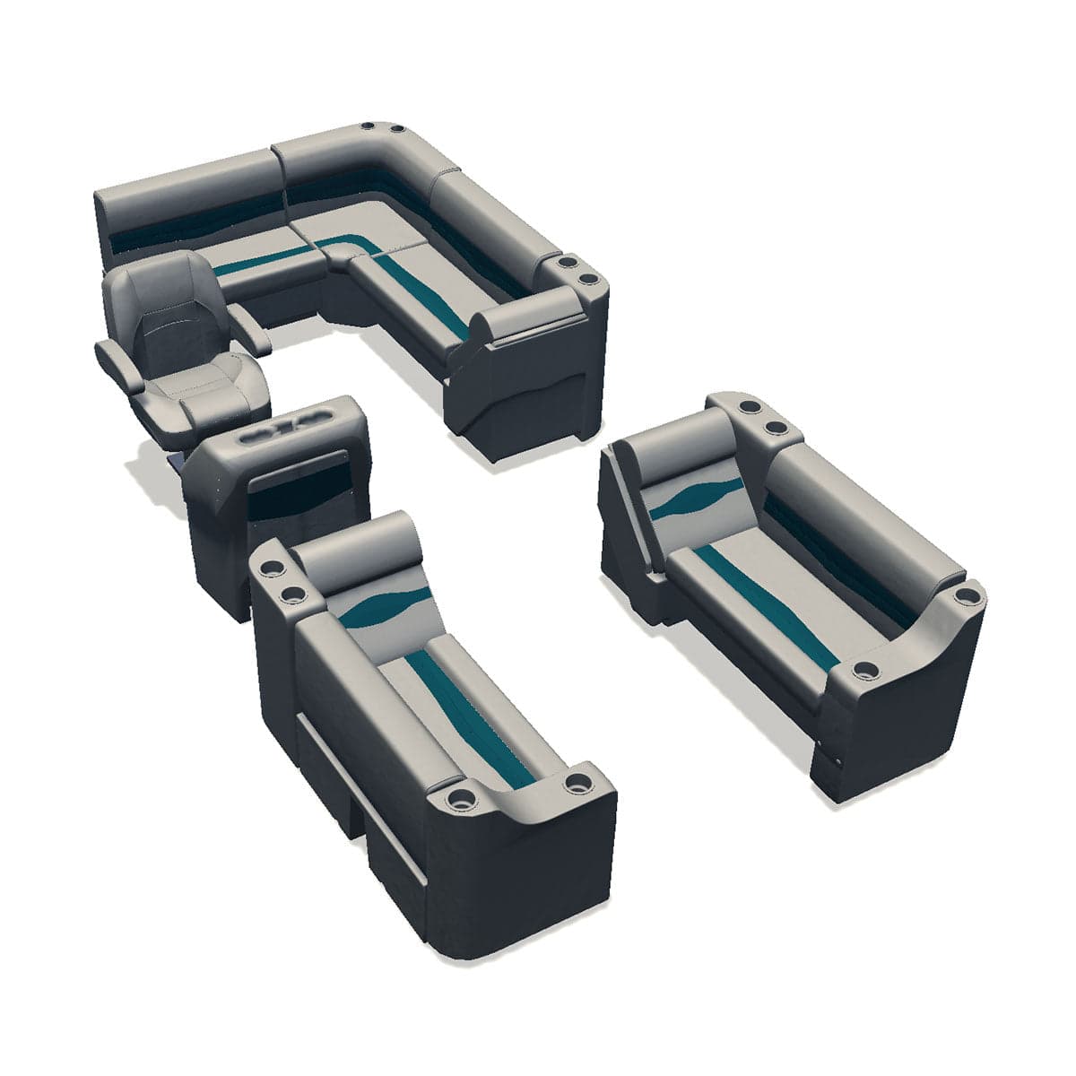 Stern entry pontoon seat package with cupholder bow double bench and lean back seats #color_ivory & teal