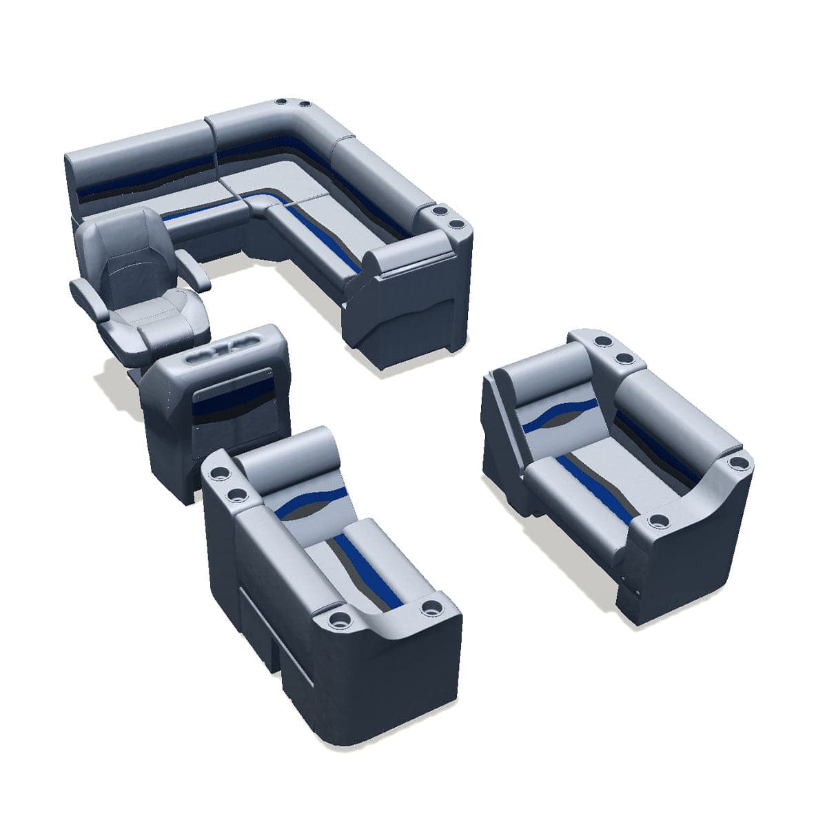 Stern entry pontoon seat package with cupholder bow double bench with lean back seats #color_gray, blue & charcoal
