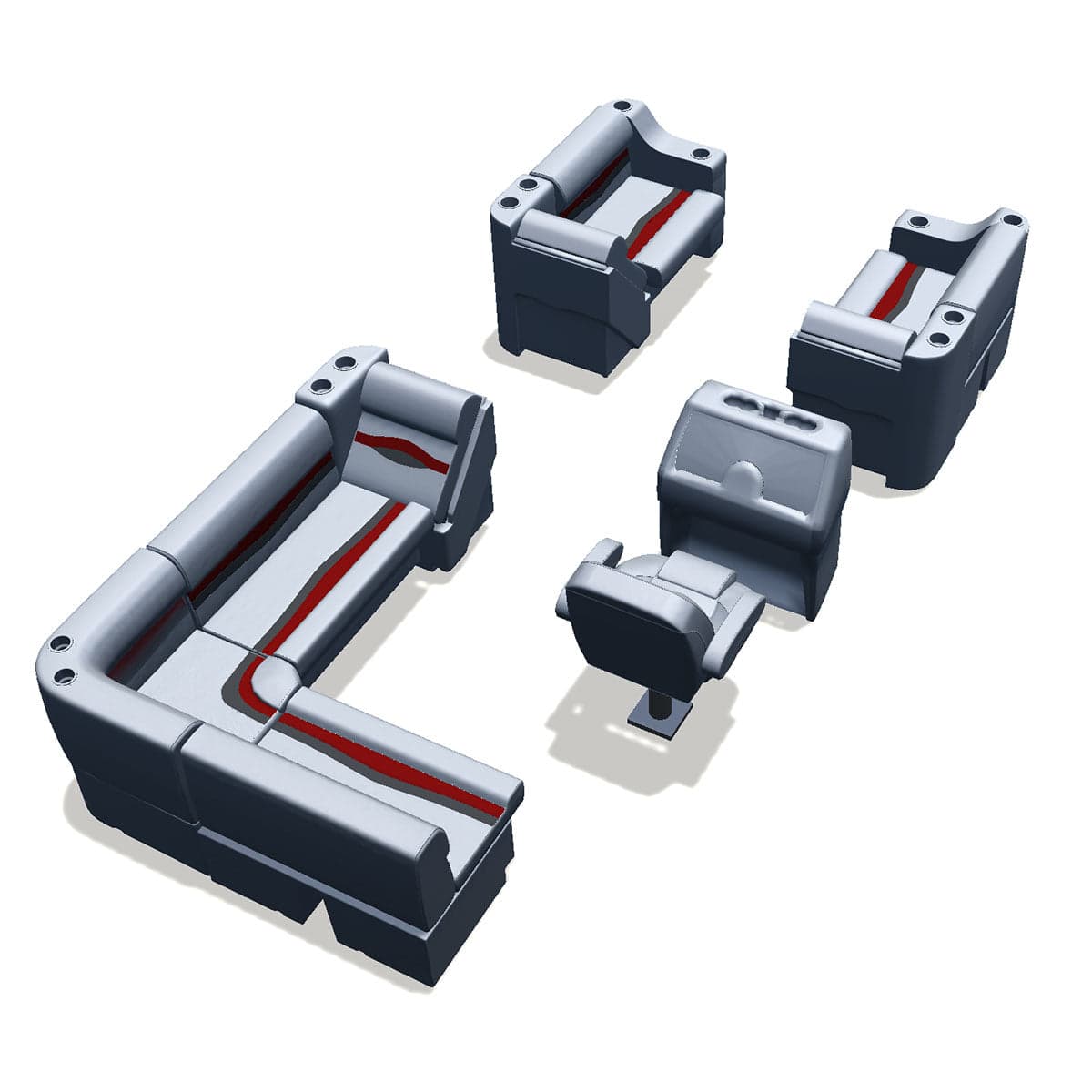 Stern entry pontoon seat package with cupholder bow double bench with lean back seats #color_gray, red & charcoal
