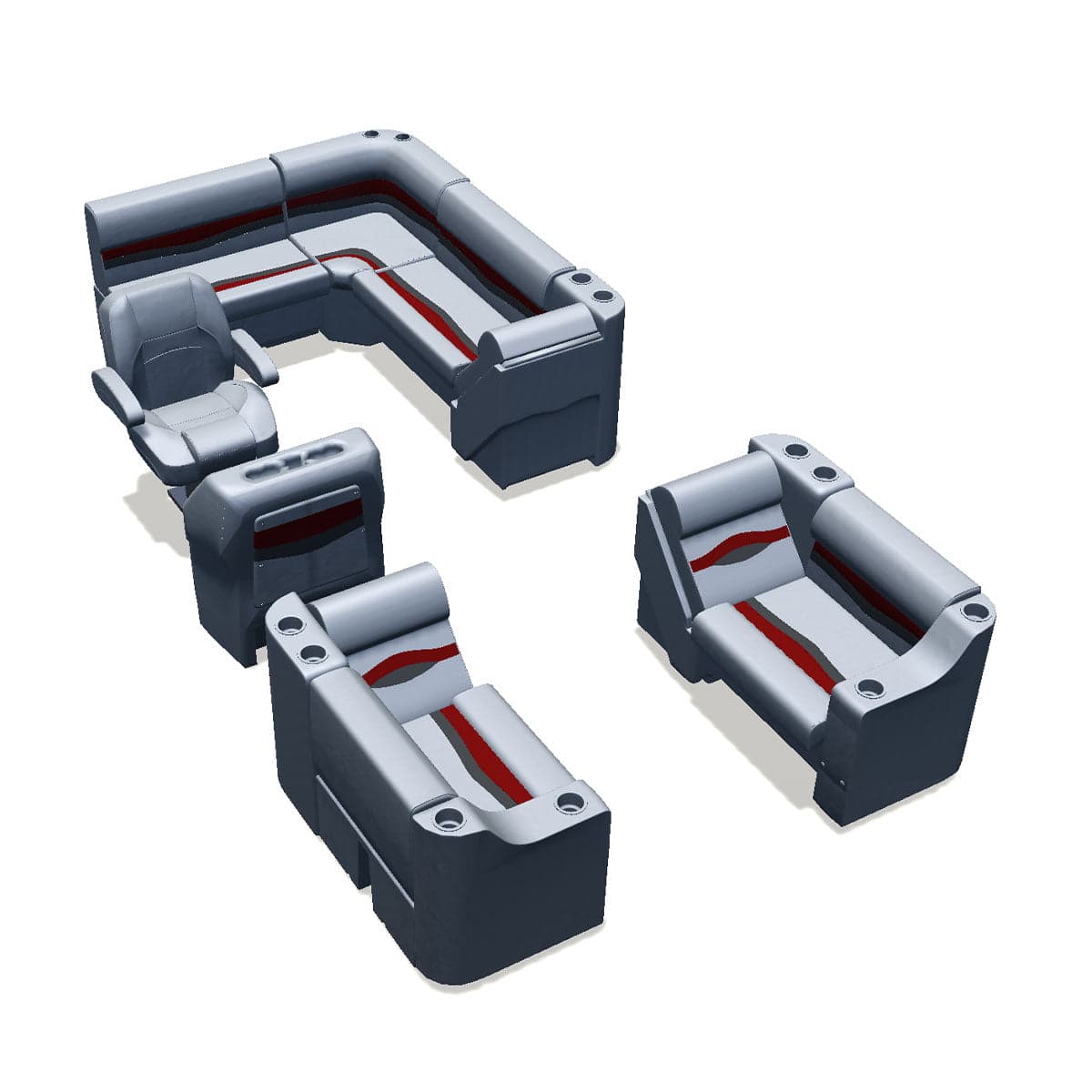 Stern entry pontoon seat package with cupholder bow double bench with lean back seats #color_gray, red & charcoal