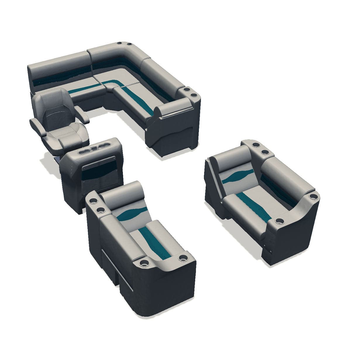 Stern entry pontoon seat package with cupholder bow double bench with lean back seats #color_ivory & teal
