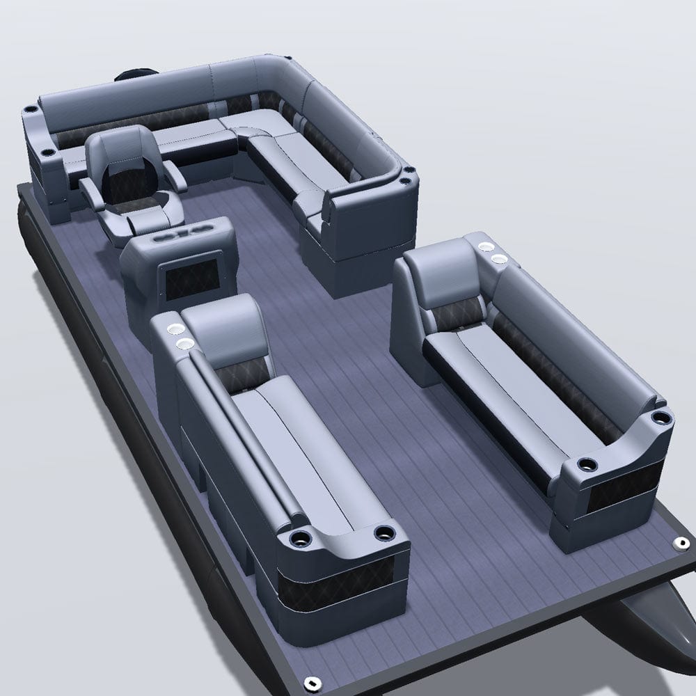 Side entry aft L-bench pontoon seat package with cupholder bow double bench and lean back seats