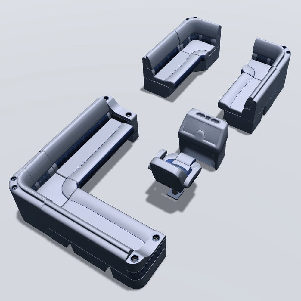 Side entry aft L-bench pontoon seat package with bow double bench and corner seats back #color_navy & gray