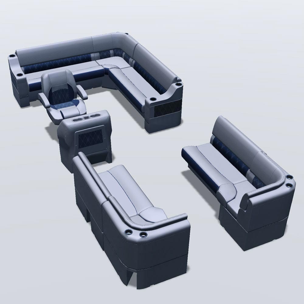 Side entry aft L-bench pontoon seat package with bow double bench and corner seats #color_navy & gray