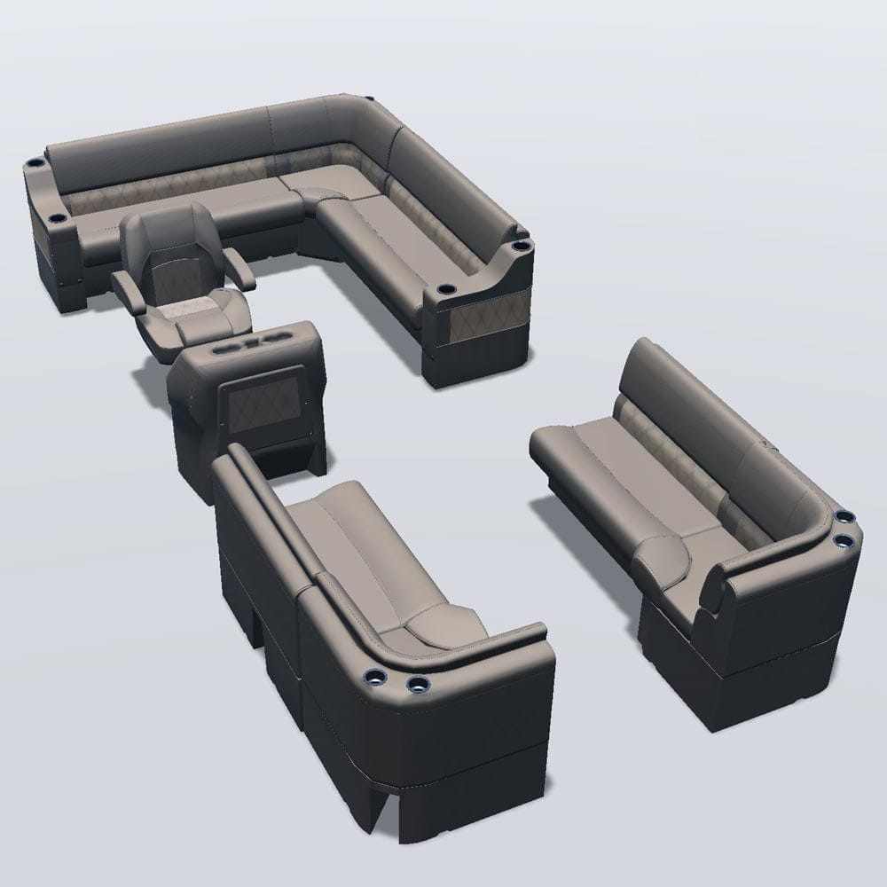 Side entry aft L-bench pontoon seat package with bow double bench and corner seats #color_tan & beige