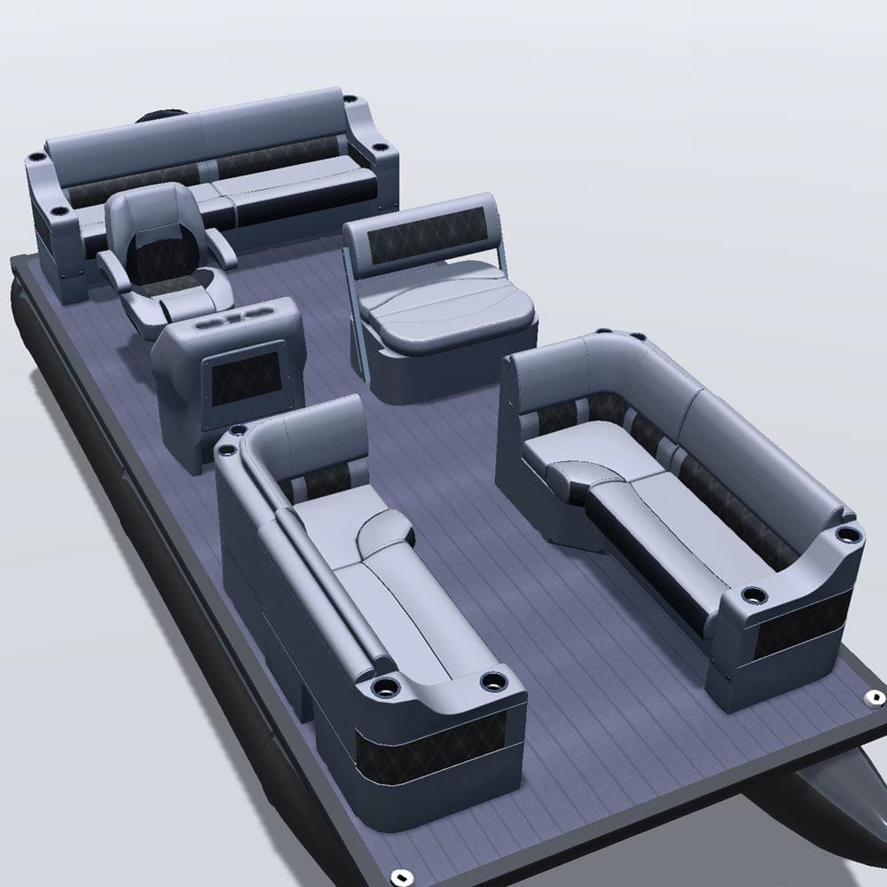 Side entry midship flip flop pontoon seat package with cupholder bow double bench and corner seats