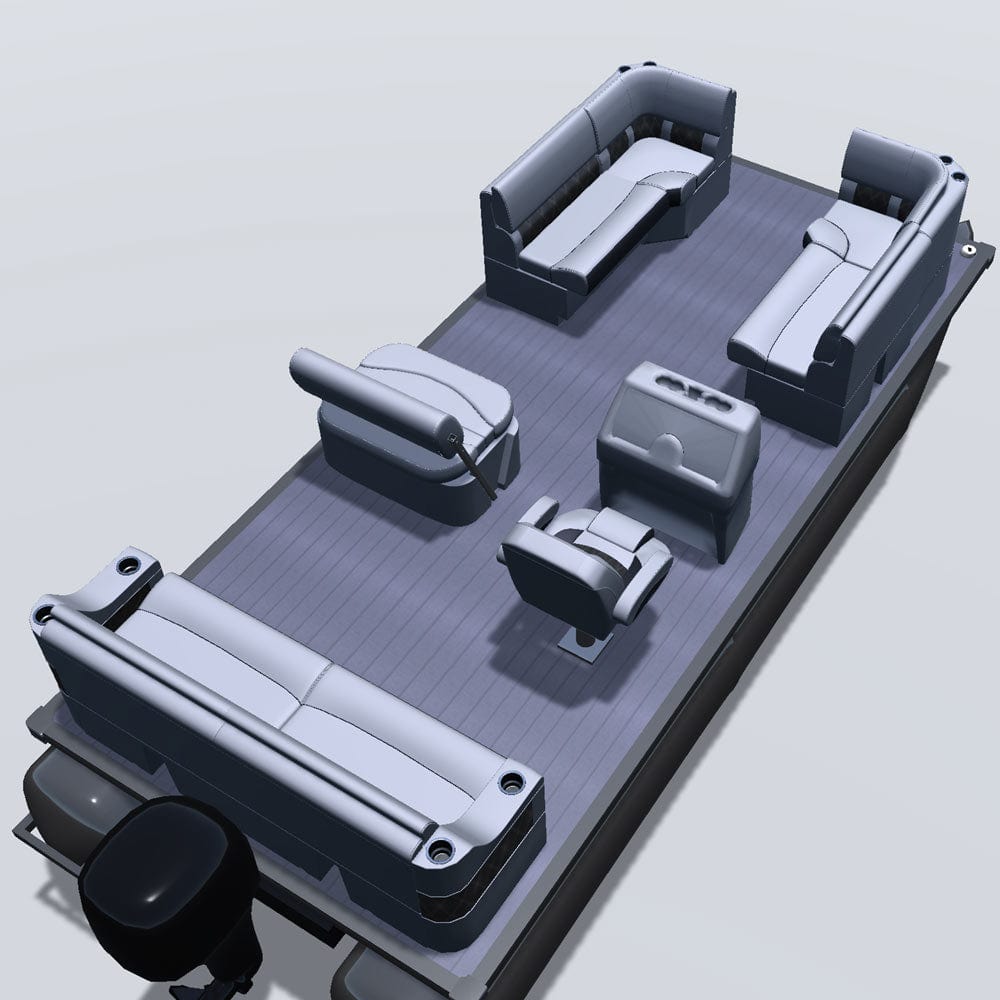 Side entry midship flip flop pontoon seat package with bow double bench and corner seats back