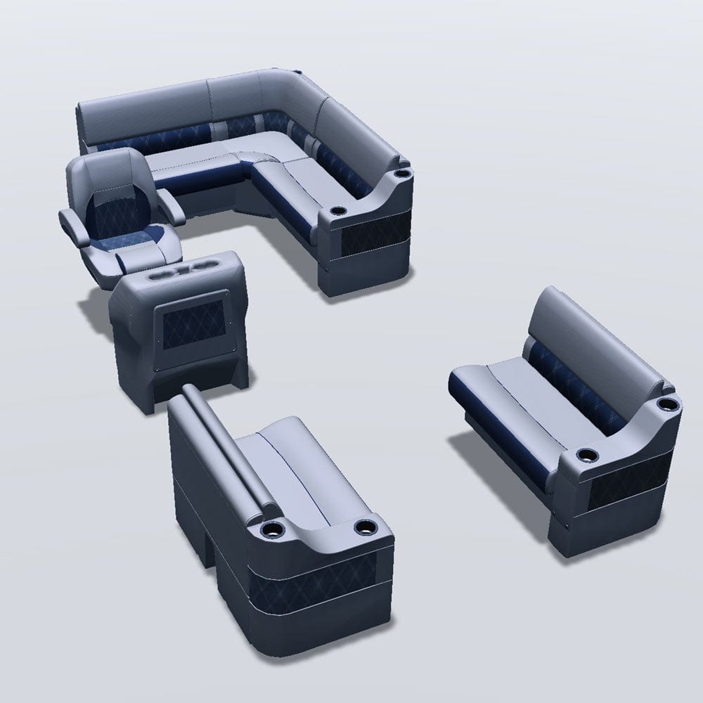 Stern entry pontoon seat package with cupholder bow double bench seats #color_navy & gray