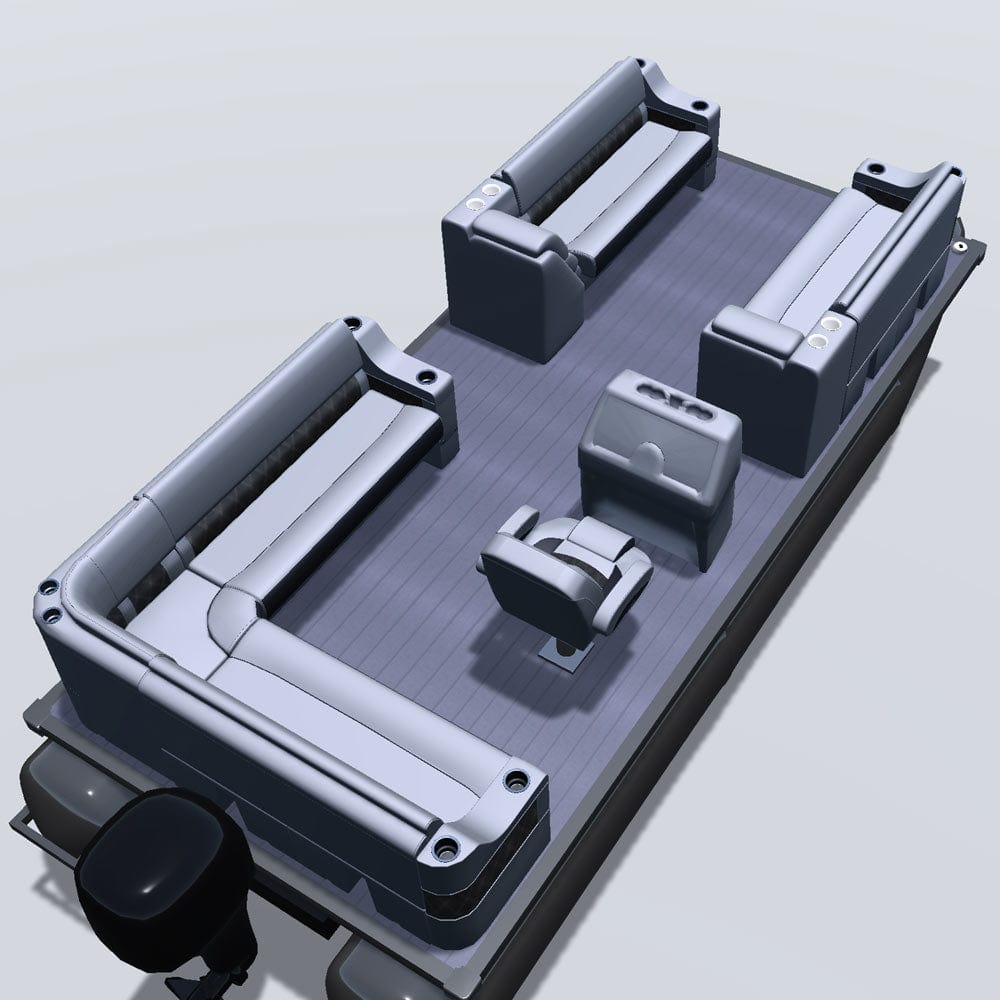 Side entry aft L-bench pontoon seat package with cupholder bow double bench and lean back seats