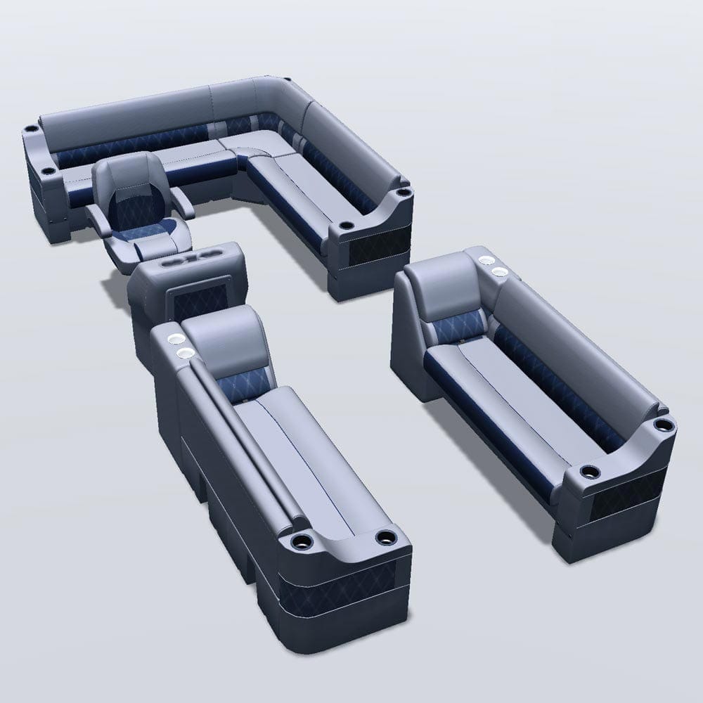 Side entry aft L-bench pontoon seat package with cupholder bow double bench and lean back seats #color_navy & gray