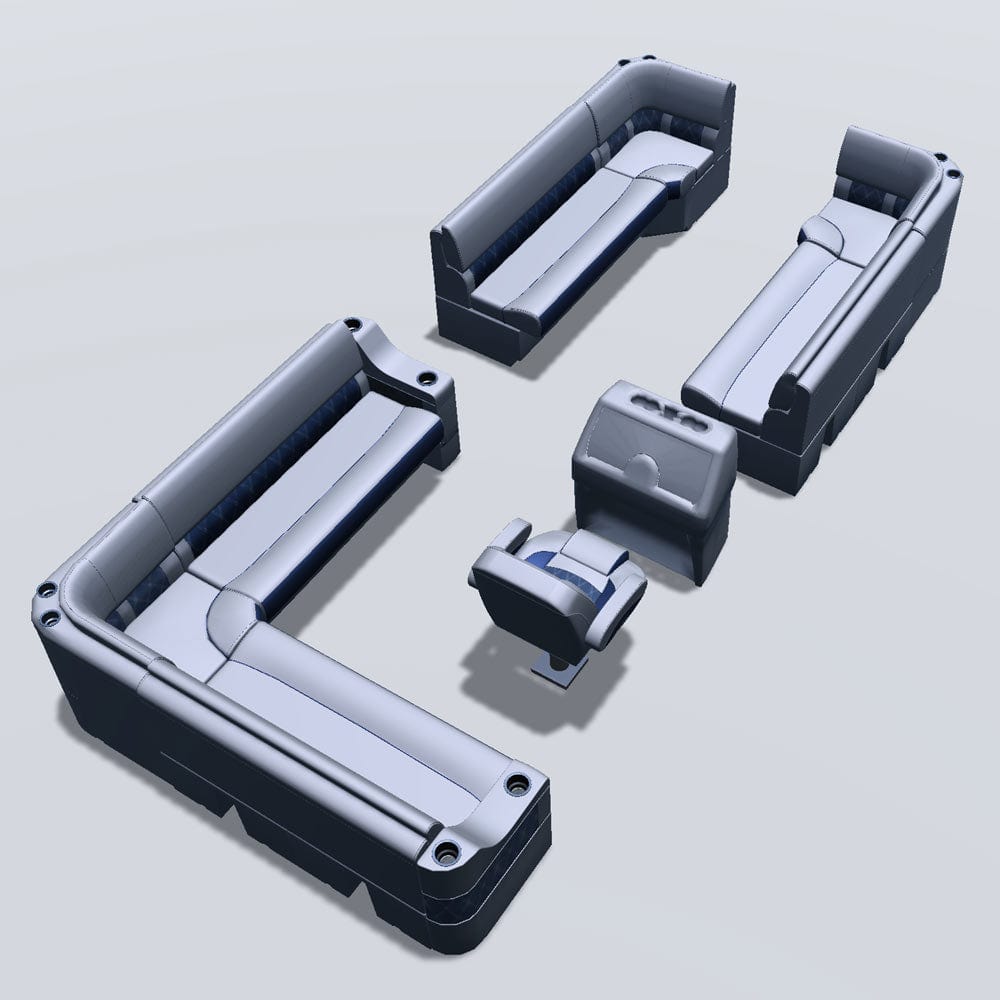 Side entry aft L-bench pontoon seat package with bow double bench and corner seats back #color_navy & gray