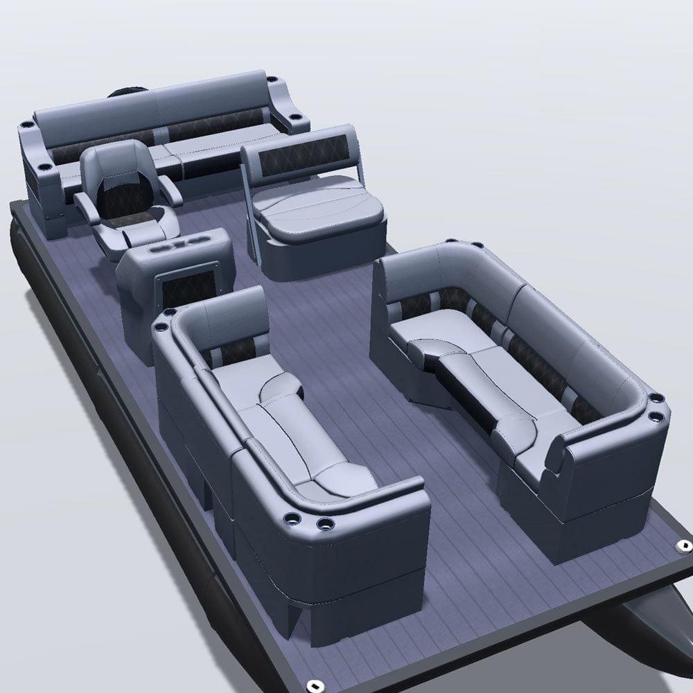 Side entry midship flip flop pontoon seat package with bow double bench and corner seats