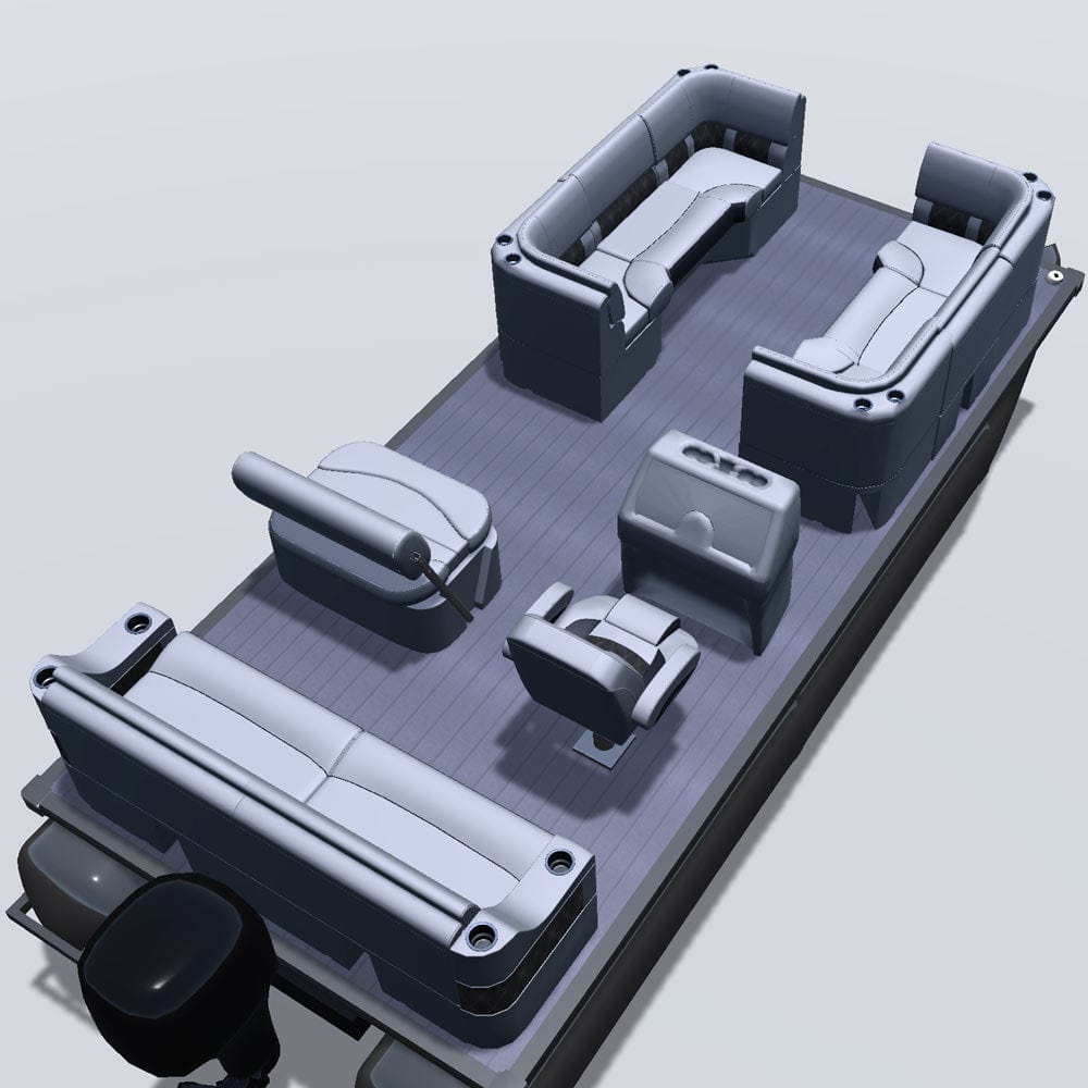 Side entry midship flip flop pontoon seat package with bow double bench and corner seats back