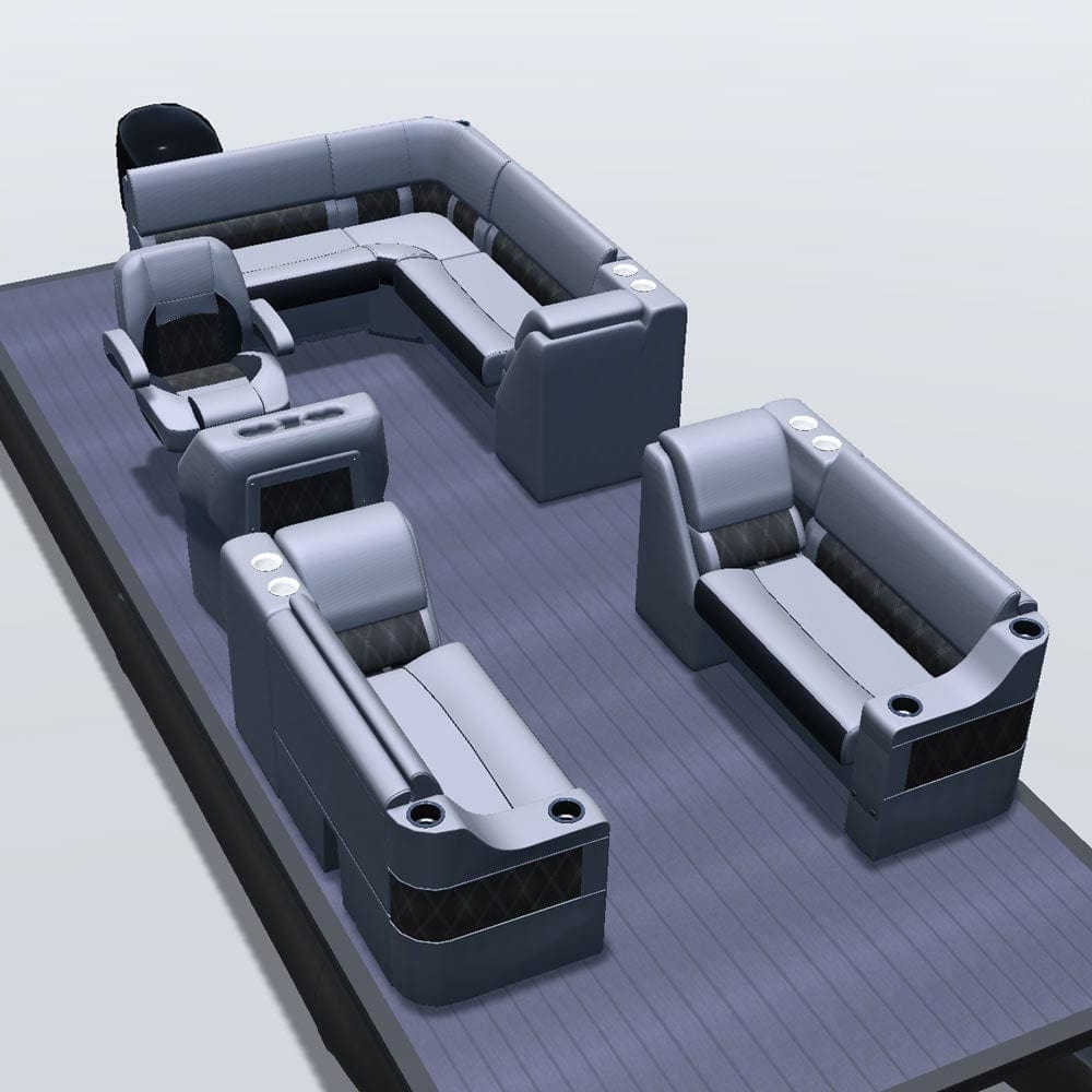 Side entry aft l-bench pontoon seat package with cupholder bow double bench and lean back seats