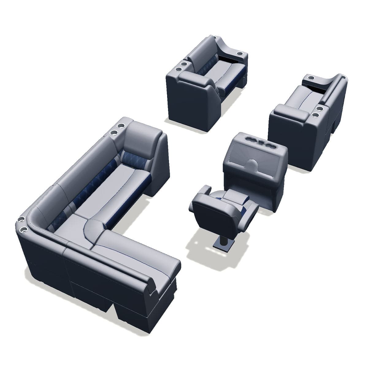 Stern entry pontoon seat package with cupholder bow double bench and lean back seats back #color_navy & gray