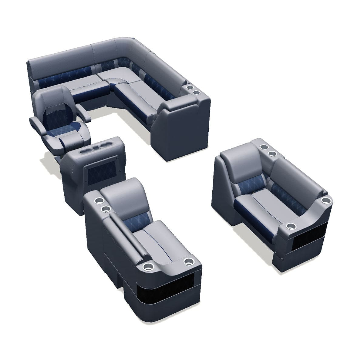 Stern entry pontoon seat package with cupholder bow double bench and lean back seats #color_navy & gray