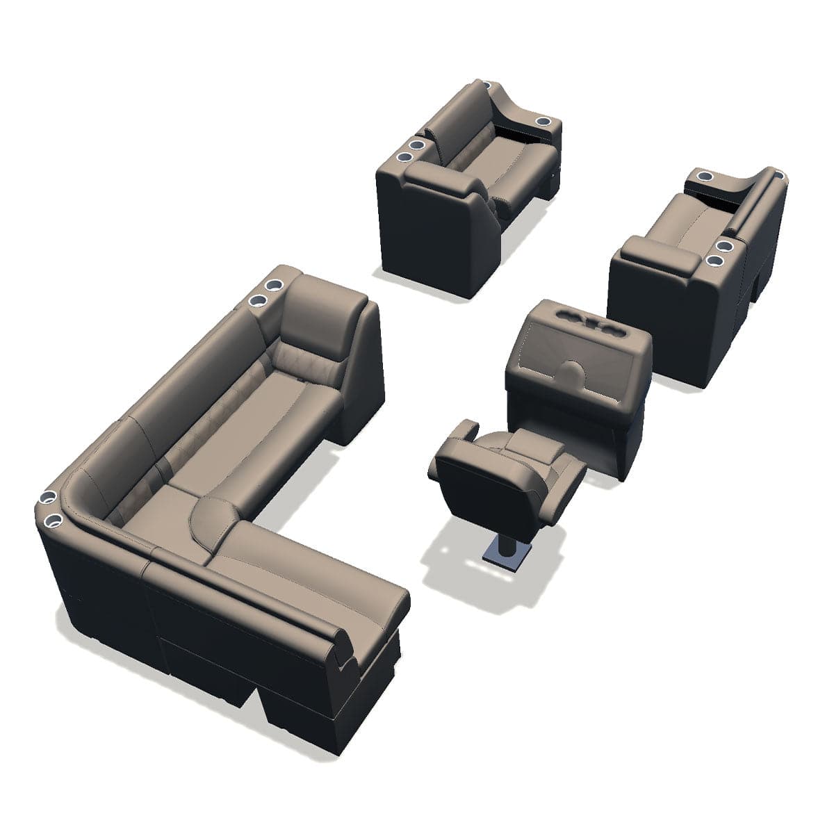 Stern entry pontoon seat package with cupholder bow double bench and lean back seats back #color_tan & beige
