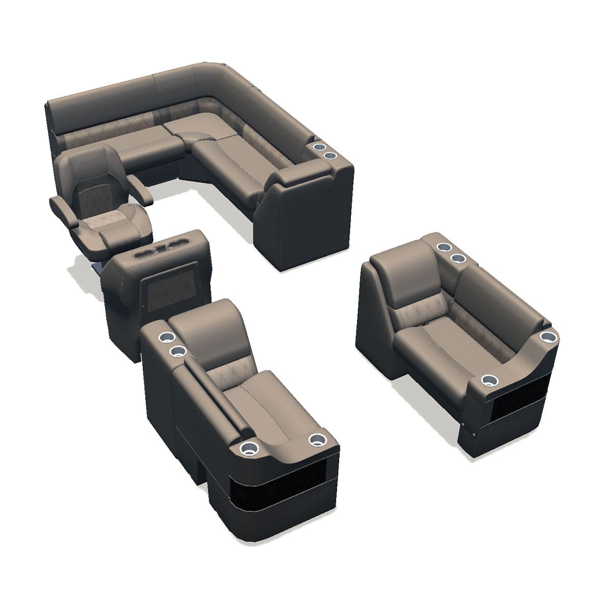 Stern entry pontoon seat package with cupholder bow double bench and lean back seats #color_tan & beige