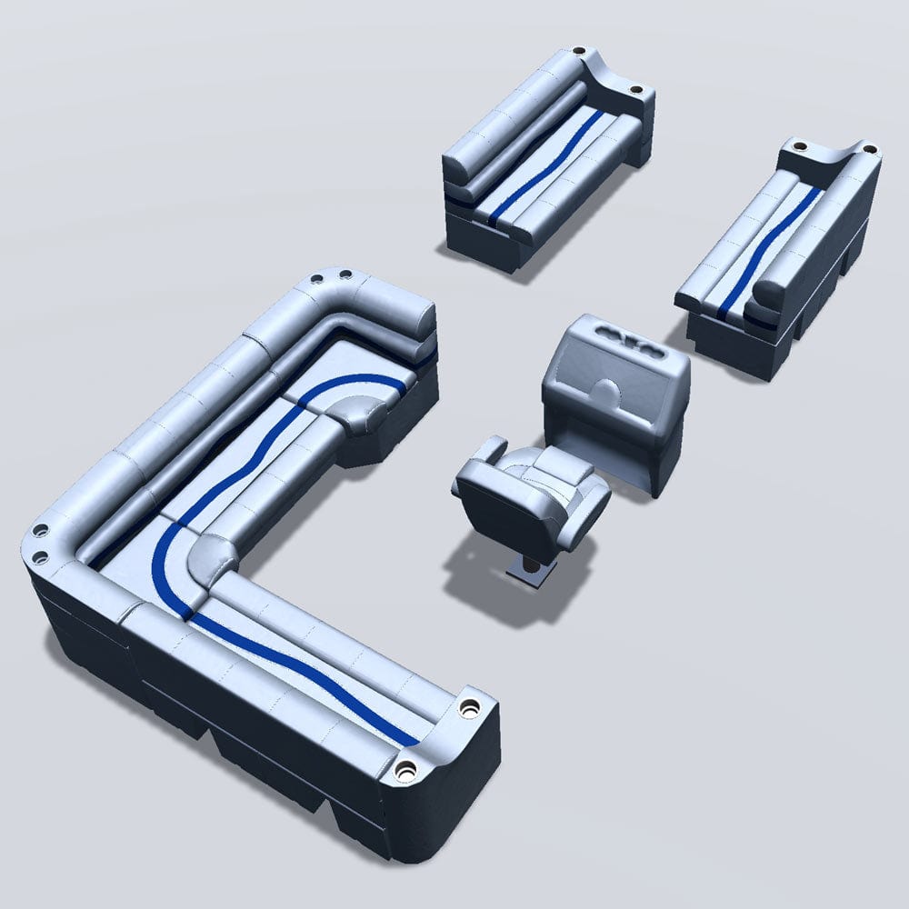 Side entry aft L-bench pontoon seat package with cupholder bow double bench seats back #color_gray, blue & charcoal