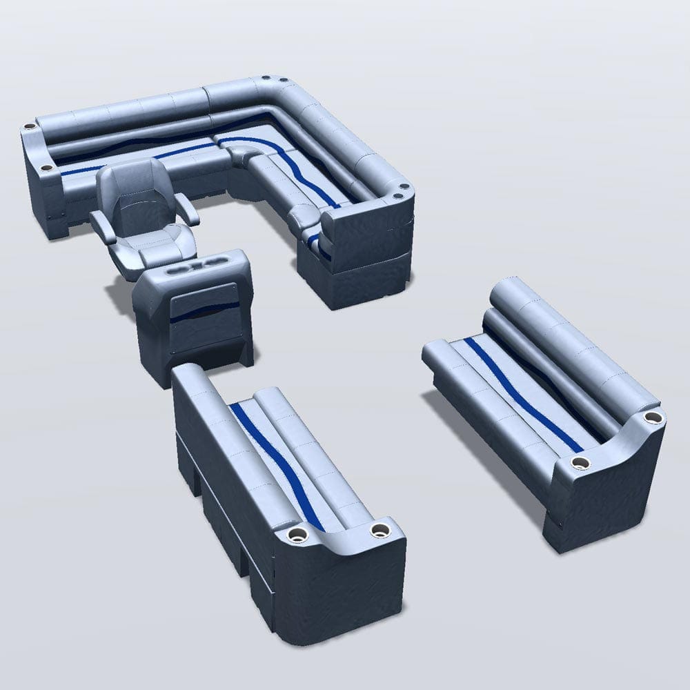 Side entry aft L-bench pontoon seat package with cupholder bow double bench seats #color_gray, blue & charcoal