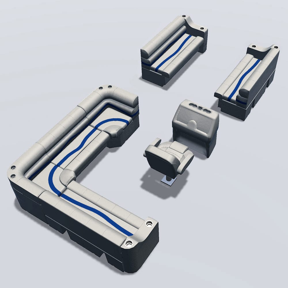 Side entry aft L-bench pontoon seat package with cupholder bow double bench seats back #color_ivory, blue & tan