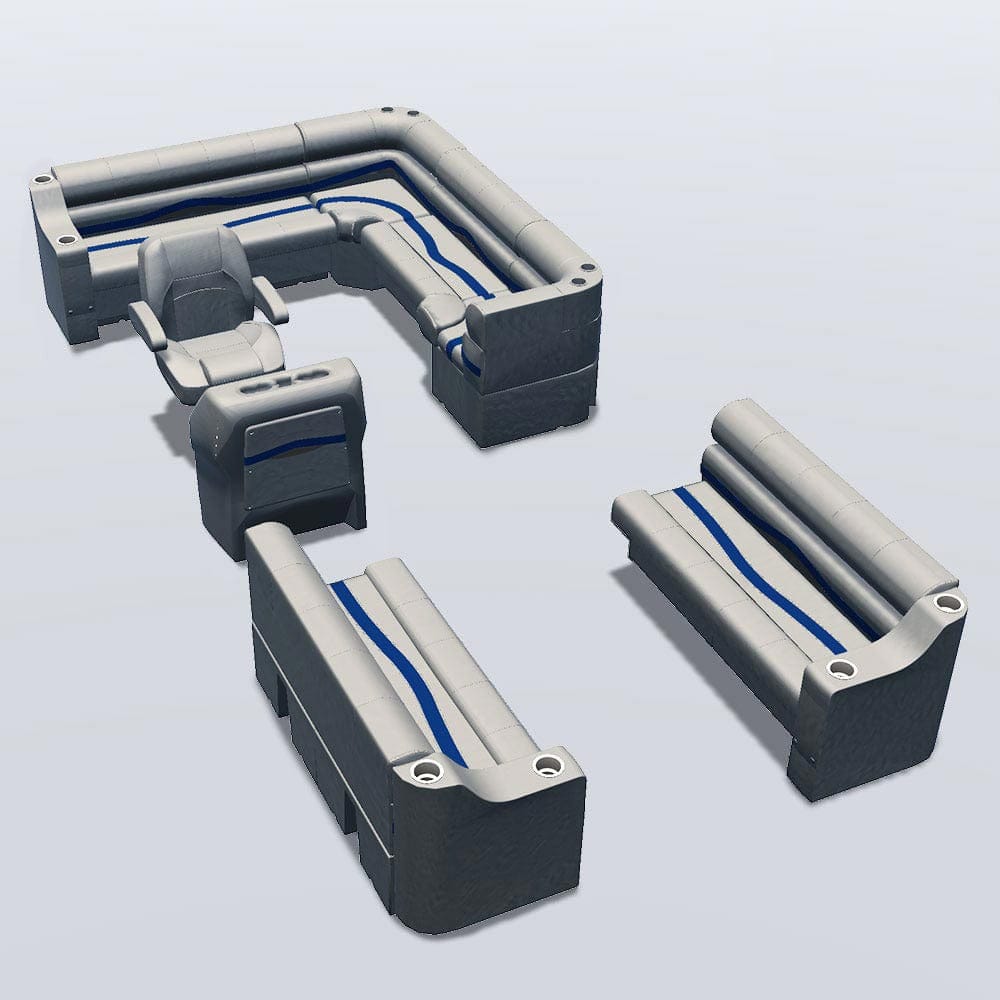 Side entry aft L-bench pontoon seat package with cupholder bow double bench seats #color_ivory, blue & tan