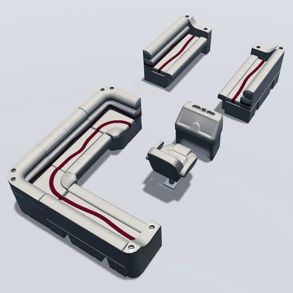 Side entry aft L-bench pontoon seat package with cupholder bow double bench seats back #color_ivory, burgundy & tan