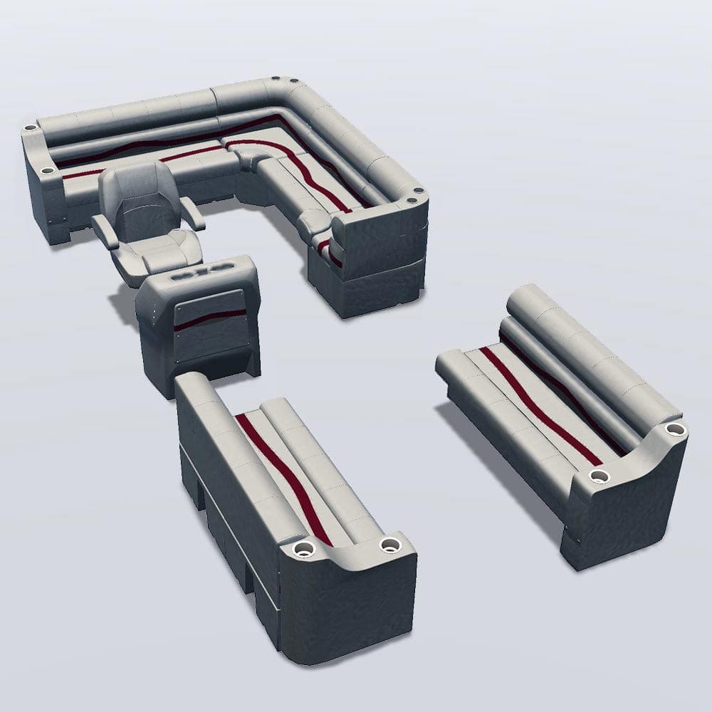 Side entry aft L-bench pontoon seat package with cupholder bow double bench seats #color_ivory, burgundy & tan