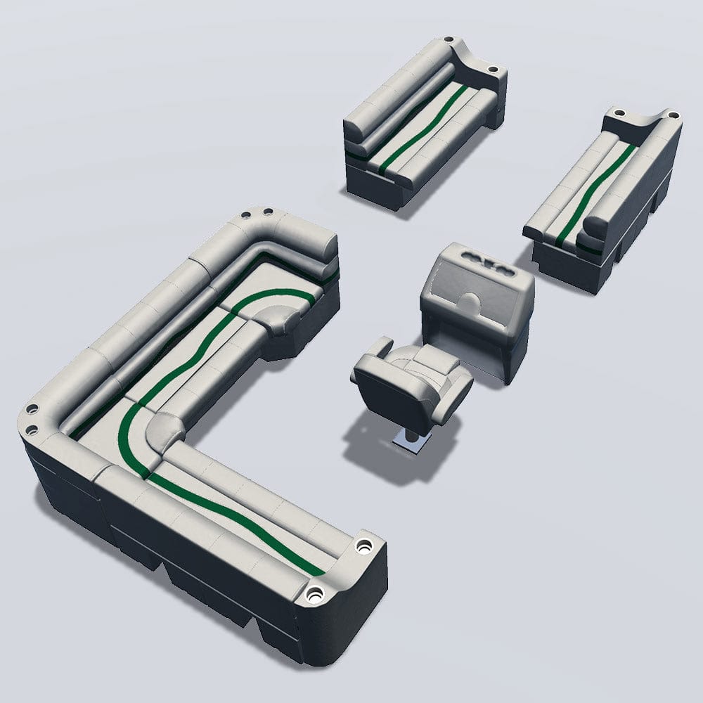 Side entry aft L-bench pontoon seat package with cupholder bow double bench seats back #color_ivory, green & tan