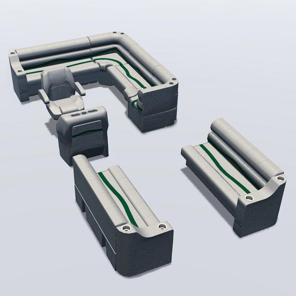 Side entry aft L-bench pontoon seat package with cupholder bow double bench seats #color_ivory, green & tan