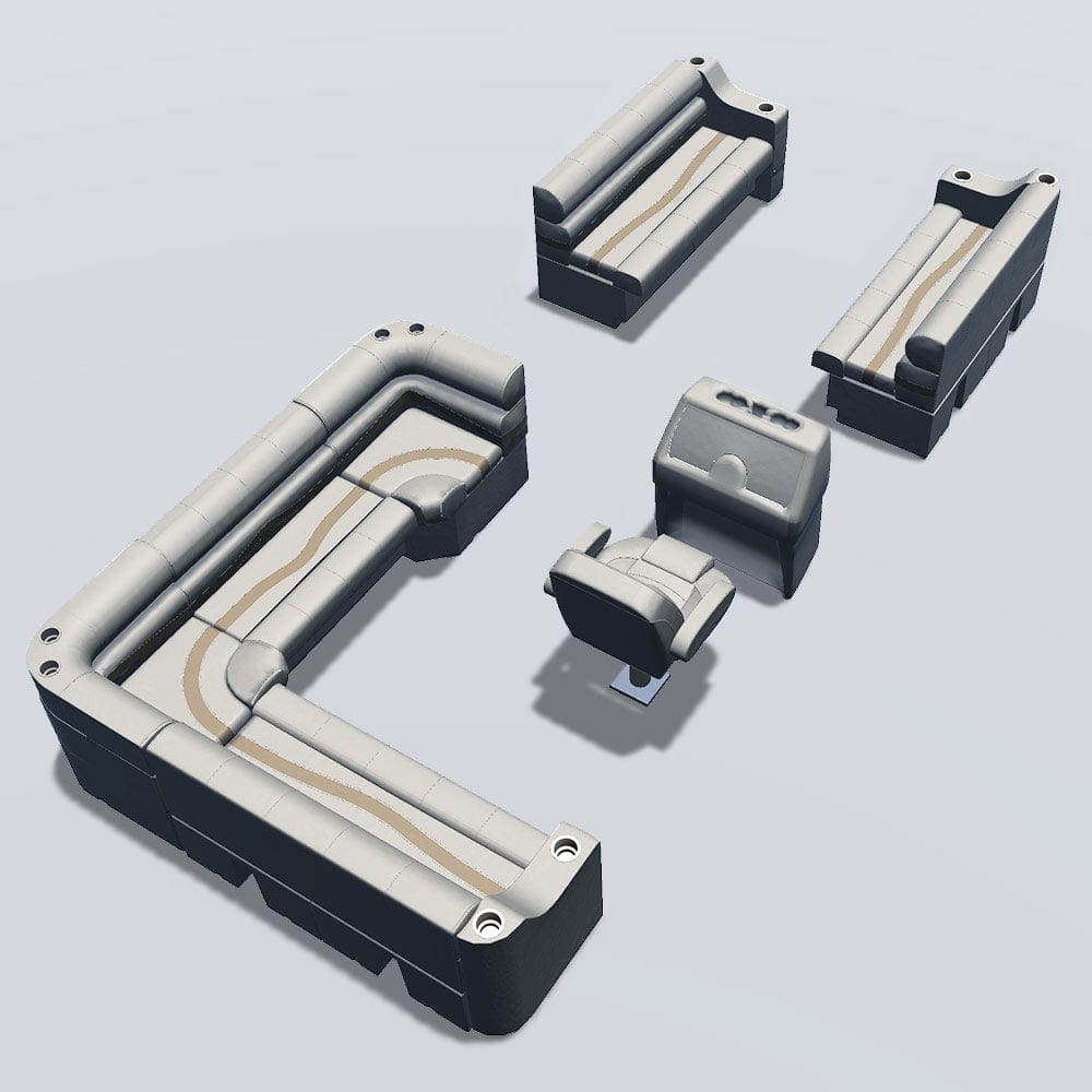 Side entry aft L-bench pontoon seat package with cupholder bow double bench seats back #color_ivory, tan & beige