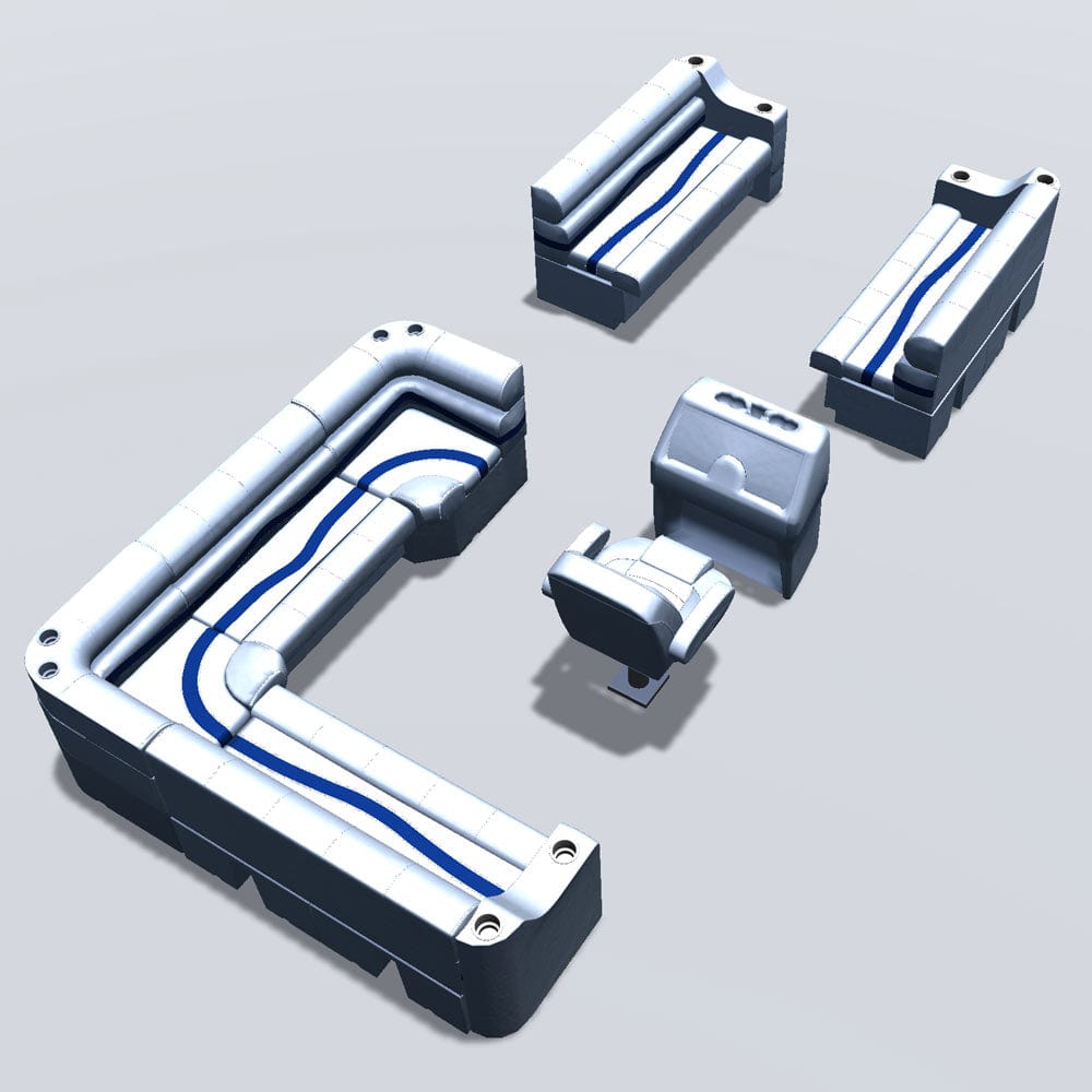 Side entry aft L-bench pontoon seat package with cupholder bow double bench seats back #color_white, blue & light blue