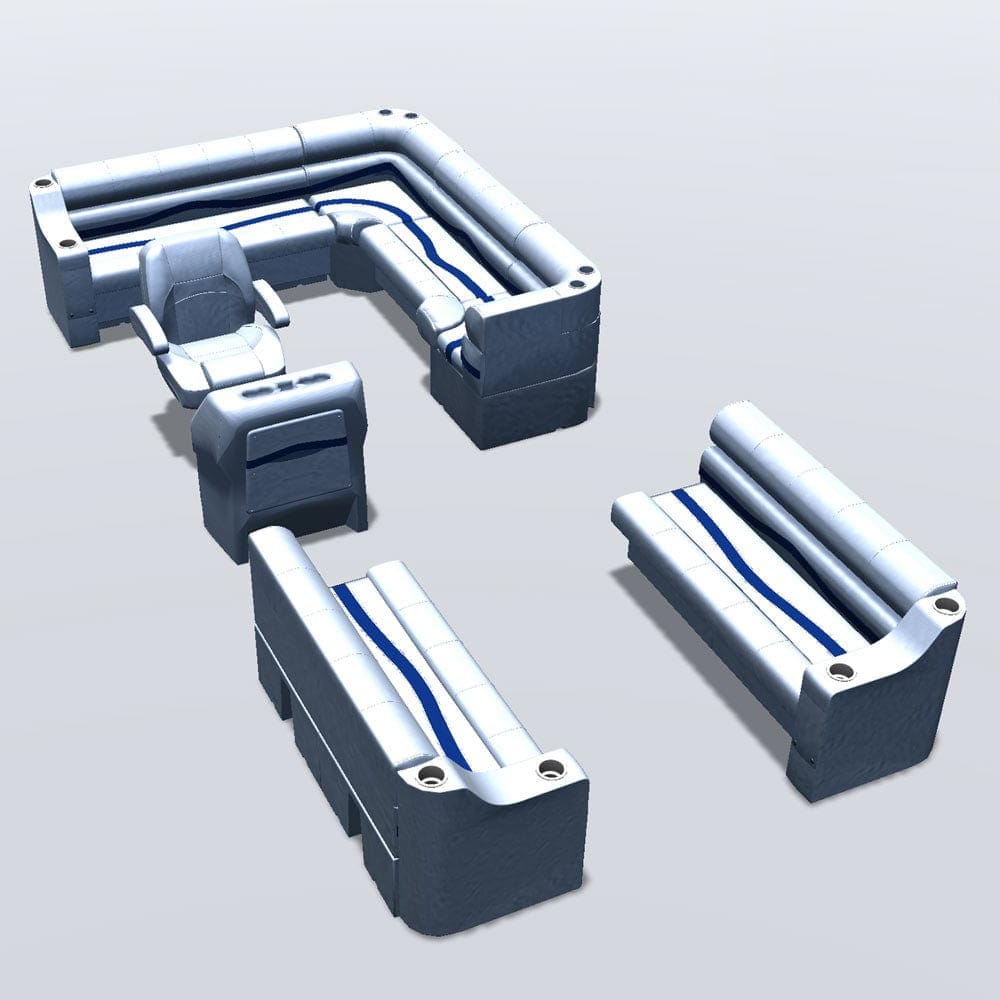 Side entry aft L-bench pontoon seat package with cupholder bow double bench seats #color_white, blue & light blue