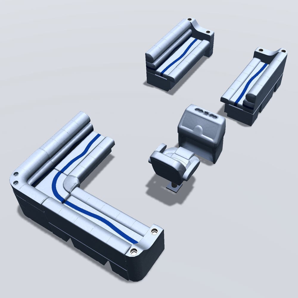 Side entry aft L-bench pontoon seat package with cupholder bow double bench seats back #color_gray, blue & charcoal