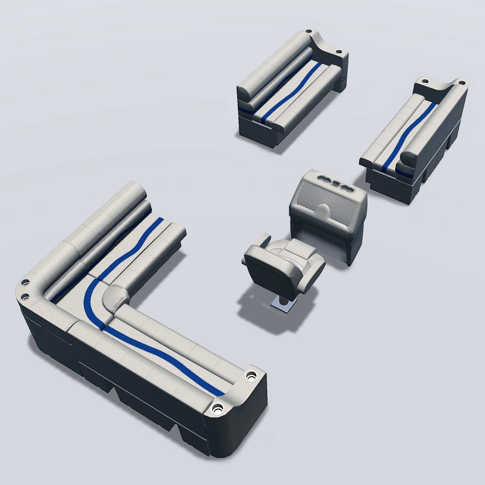 Side entry aft L-bench pontoon seat package with cupholder bow double bench seats back #color_ivory, blue & tan