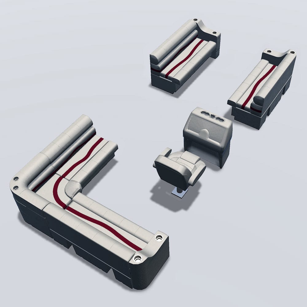 Side entry aft L-bench pontoon seat package with cupholder bow double bench seats back #color_ivory, burgundy & tan