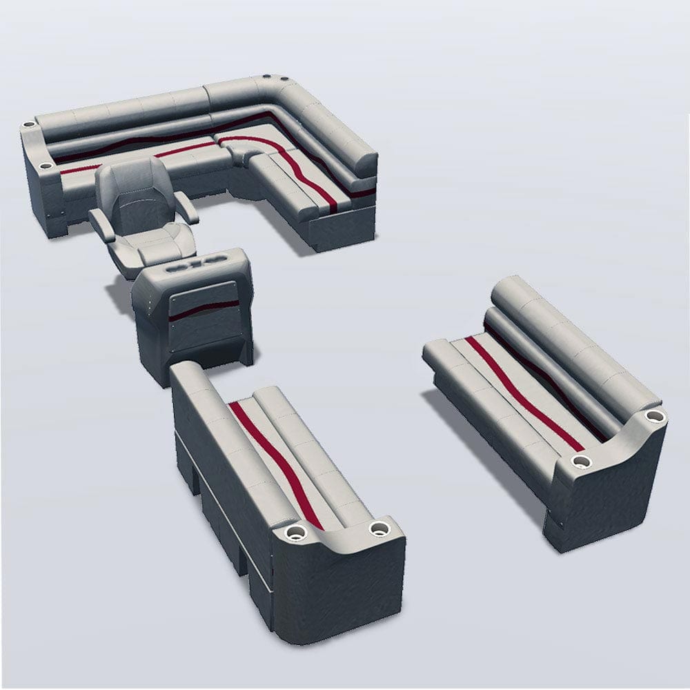 Side entry aft L-bench pontoon seat package with cupholder bow double bench seats #color_ivory, burgundy & tan