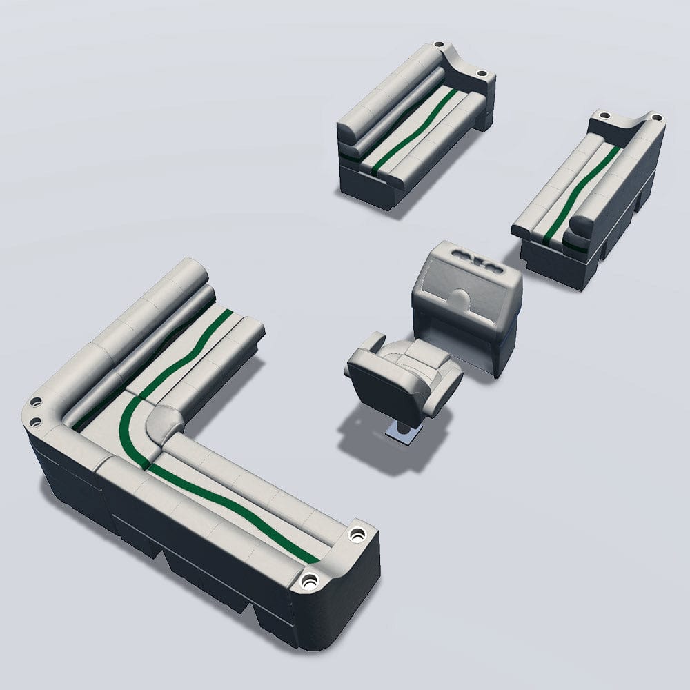 Side entry aft L-bench pontoon seat package with cupholder bow double bench seats back #color_ivory, green & tan
