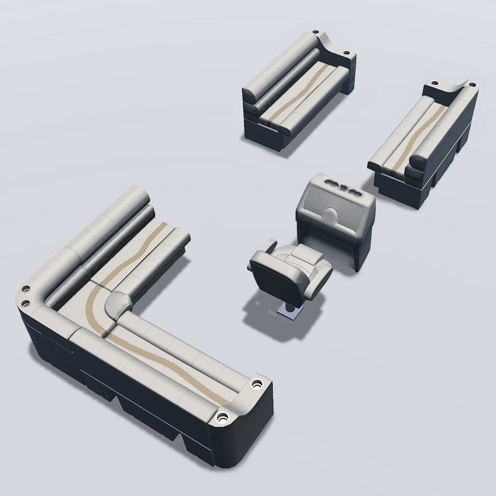 Side entry aft L-bench pontoon seat package with cupholder bow double bench seats back #color_ivory, tan & beige