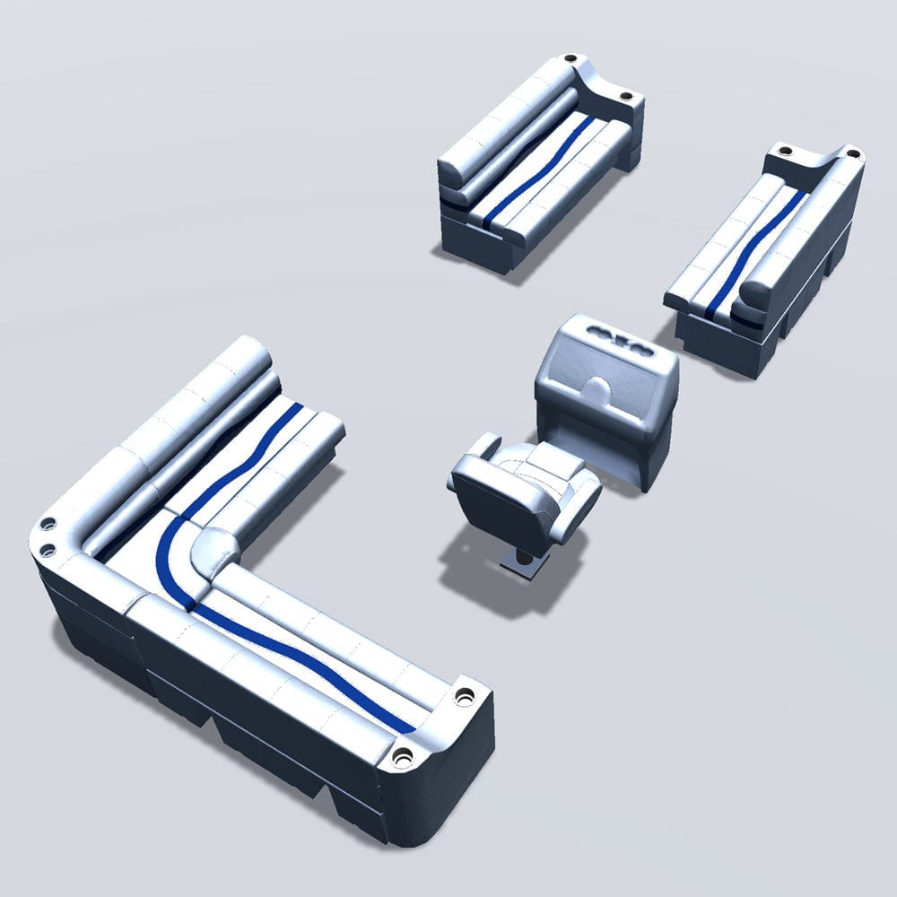 Side entry aft L-bench pontoon seat package with cupholder bow double bench seats back #color_white, blue & light blue
