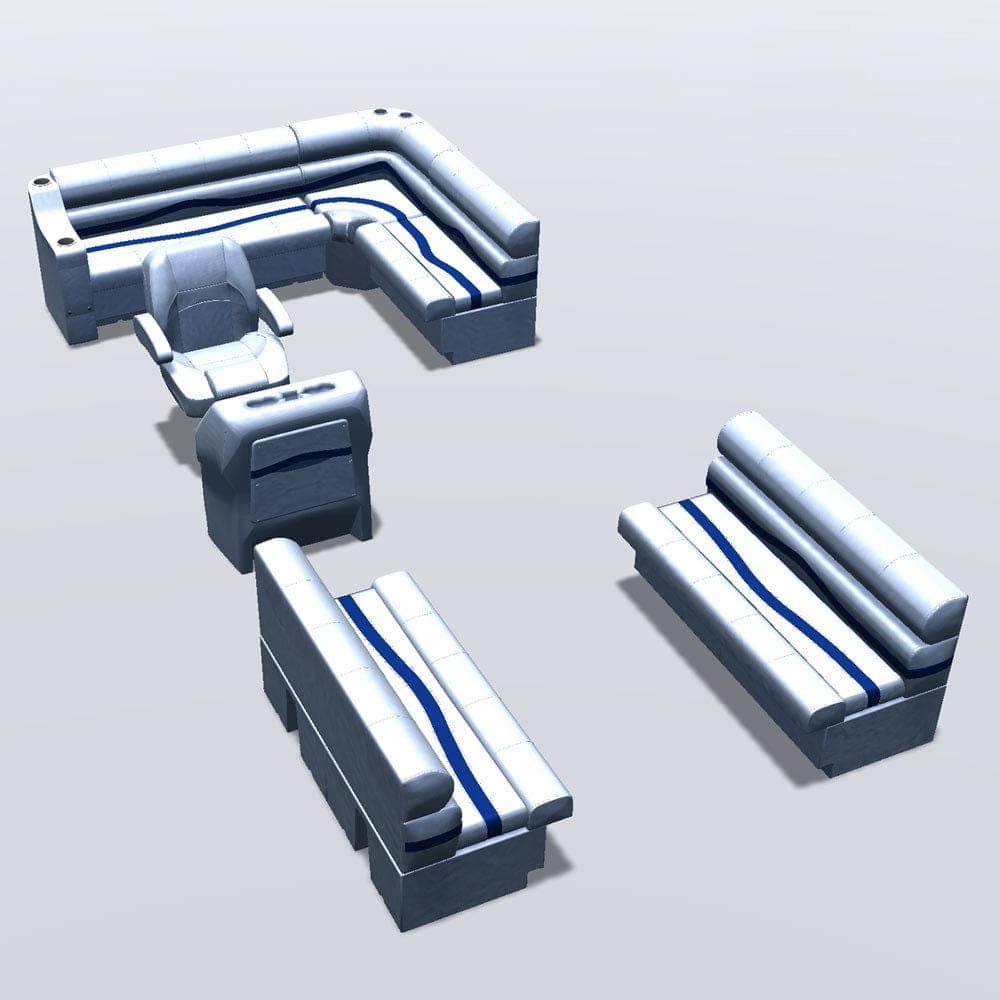 Side entry aft L-bench pontoon seat package with bow double bench seats #color_white, blue & light blue