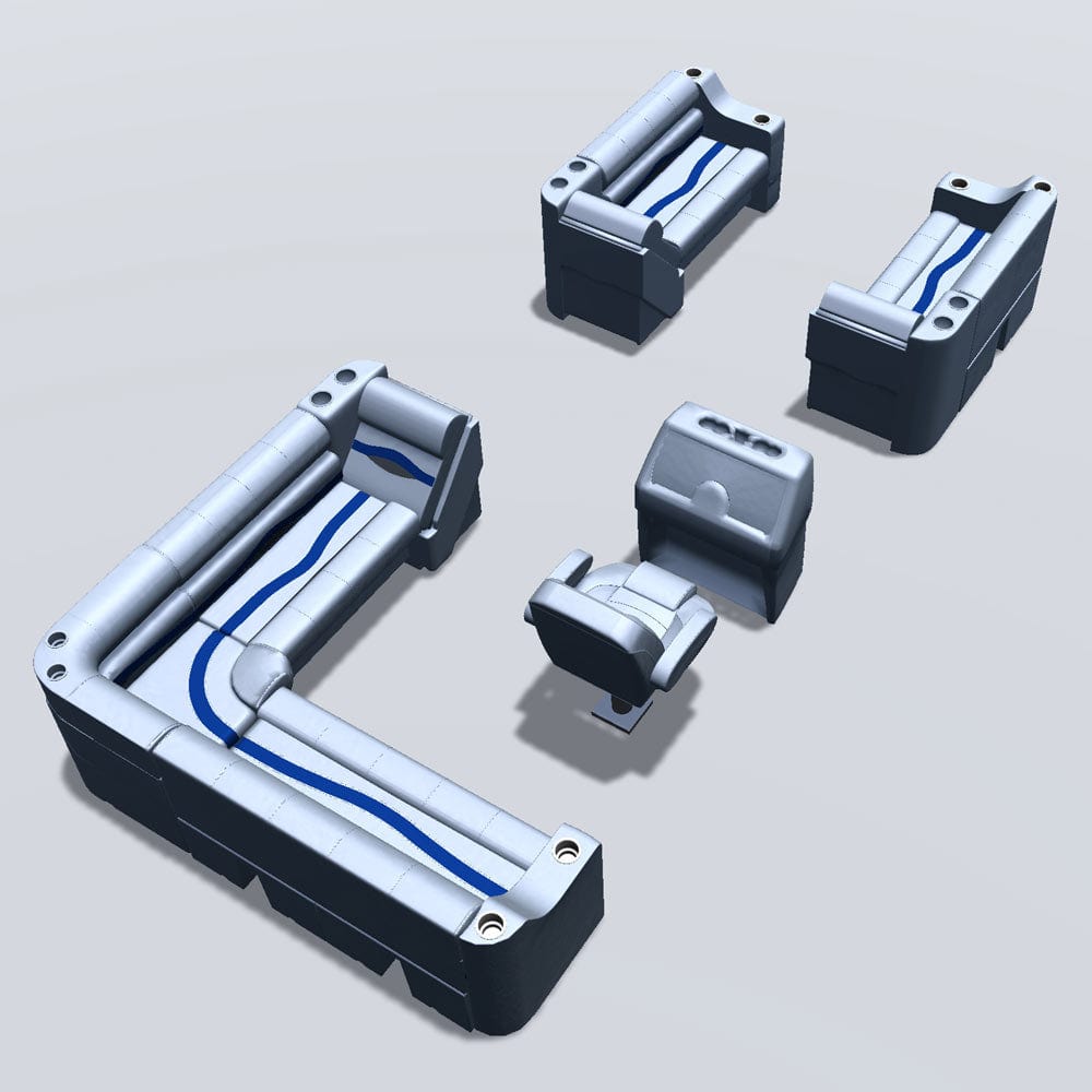 Side entry aft L-bench pontoon seat package with cupholder bow double bench and lean back seats back #color_gray, blue & charcoal