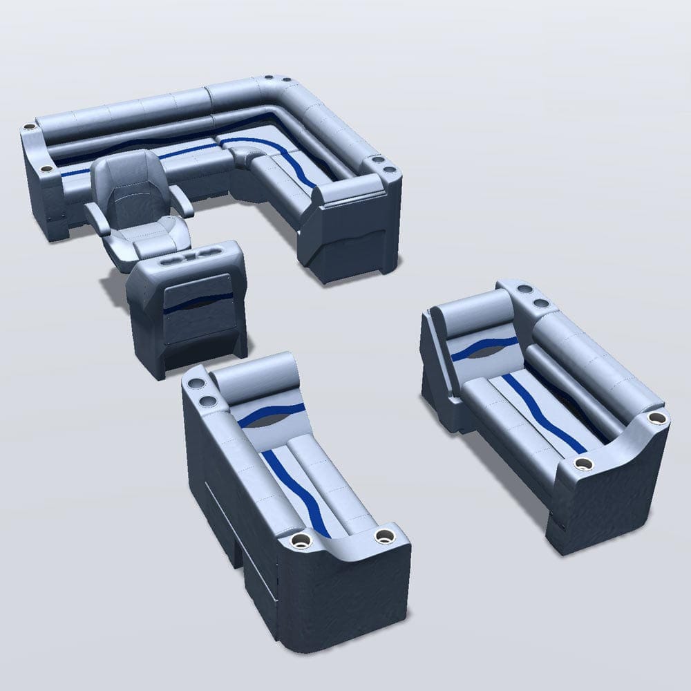 Side entry aft L-bench pontoon seat package with cupholder bow double bench and lean back seats #color_gray, blue & charcoal