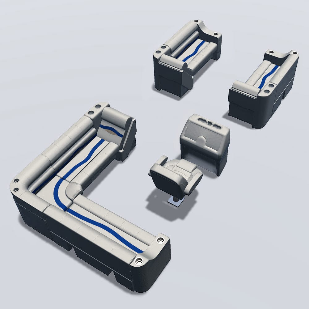 Side entry aft L-bench pontoon seat package with cupholder bow double bench and lean back seats back #color_ivory, blue & tan