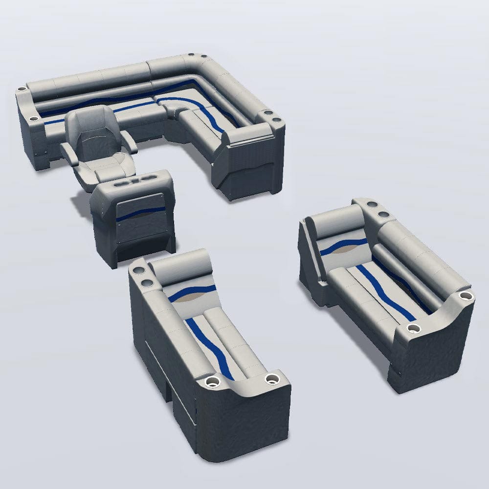 Side entry aft L-bench pontoon seat package with cupholder bow double bench and lean back seats #color_ivory, blue & tan